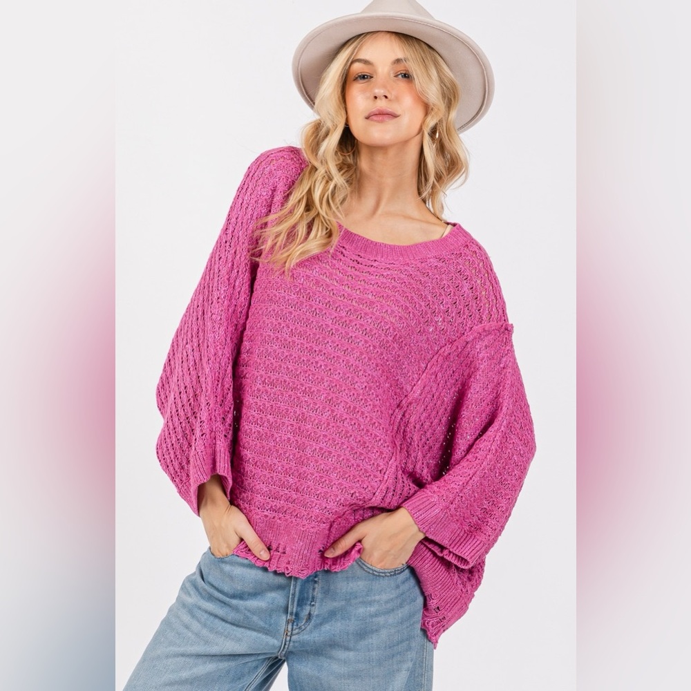 SAGE + FIG Distressed Asymmetrical Open Stitch Sweater